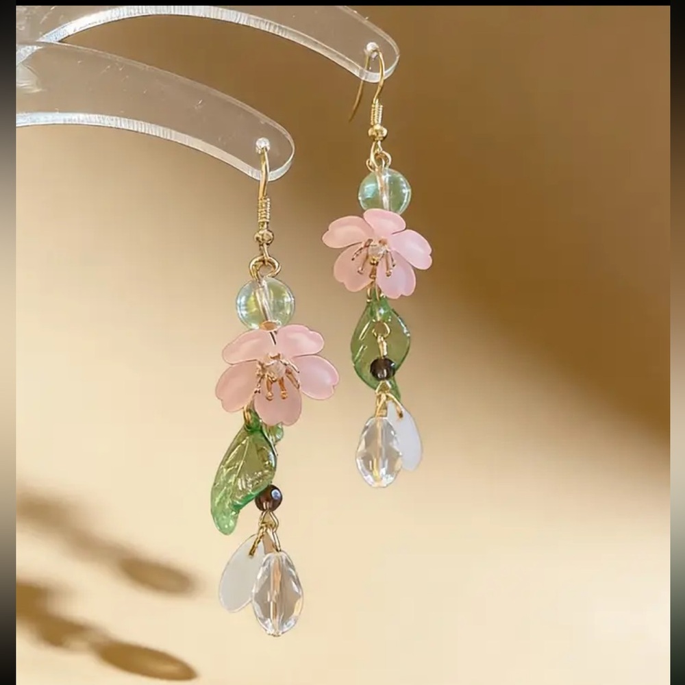 Delicate Pink Flower & Green Leaf Dangle Earrings